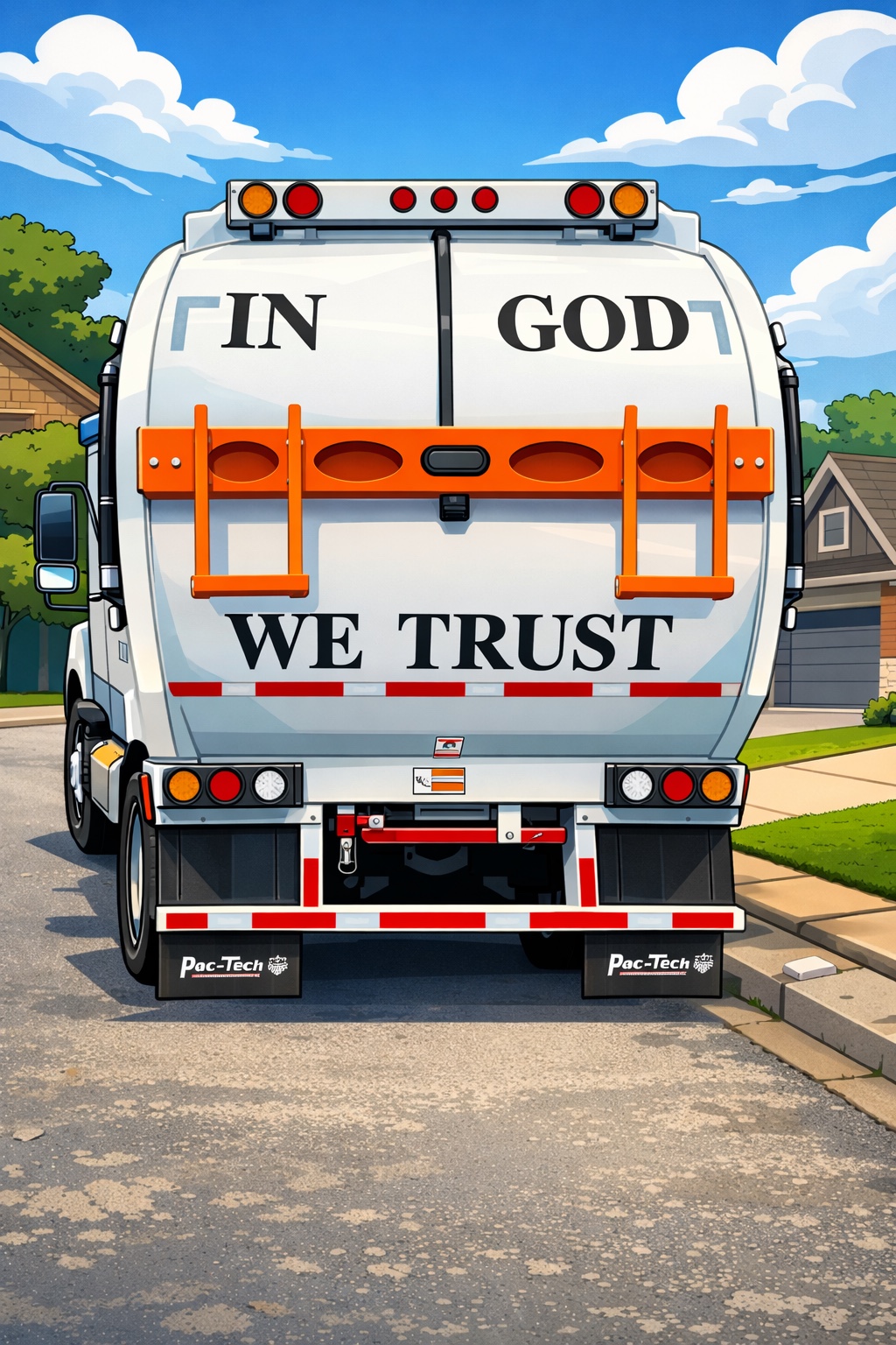 Back of garbage truck displaying In God We Trust